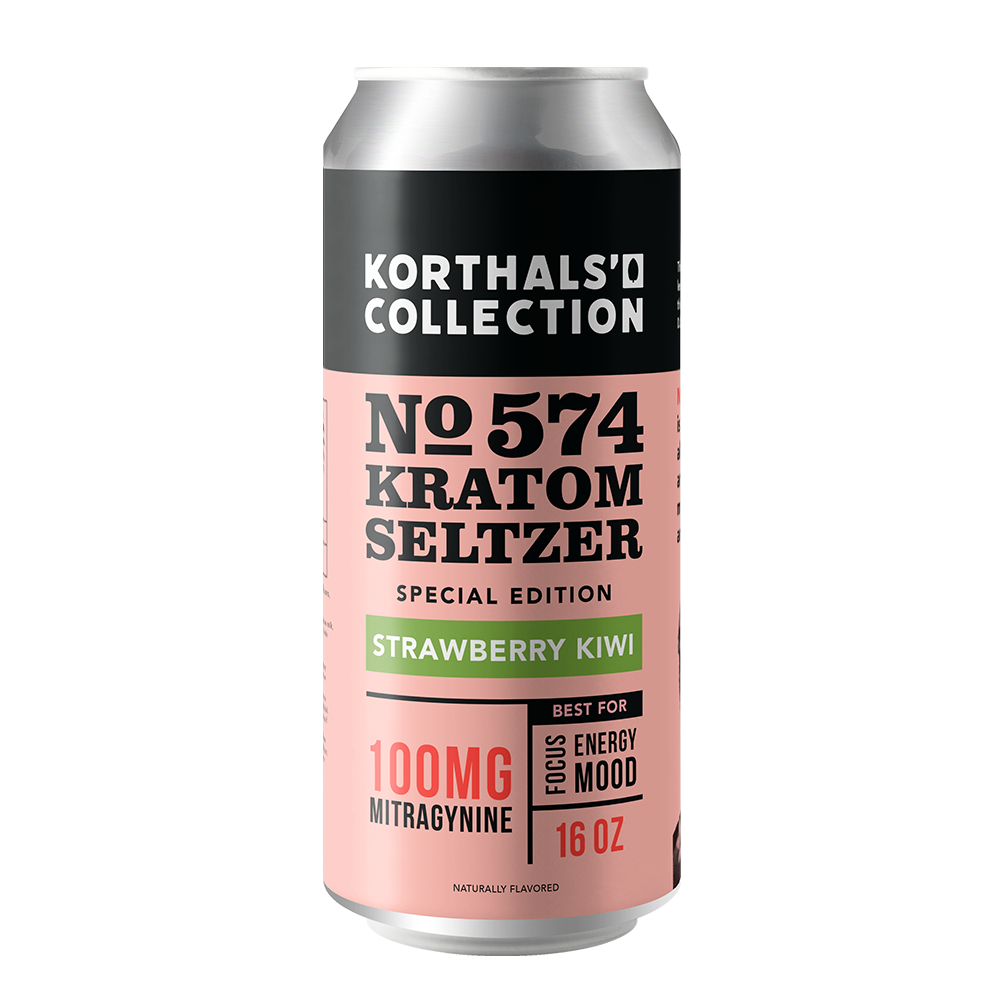 A single 16 oz can of Korthals' Collection No. 574 Strawberry Kiwi Kratom Seltzer against a plain light gray background. The can features a black top label with white text and a light pink bottom label. The text highlights "100mg Mitragynine" and notes the beverage is best for focus, energy, and mood. A green banner across the middle specifies the Strawberry Kiwi flavor.