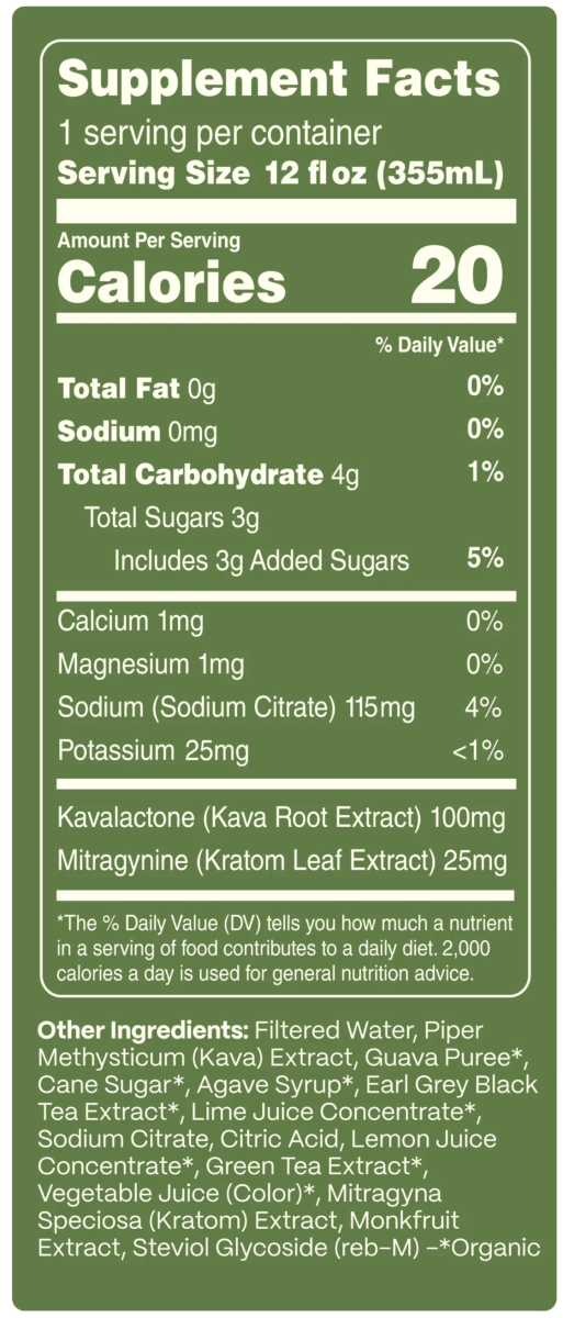 Supplement Facts label for New Brew Guava Euphoric Seltzer showing 25mg of kratom and 100mg of kava per 12 fl oz can, with 20 calories and organic ingredients including guava puree, tea extracts, and natural sweeteners. Shop CBD Kratom