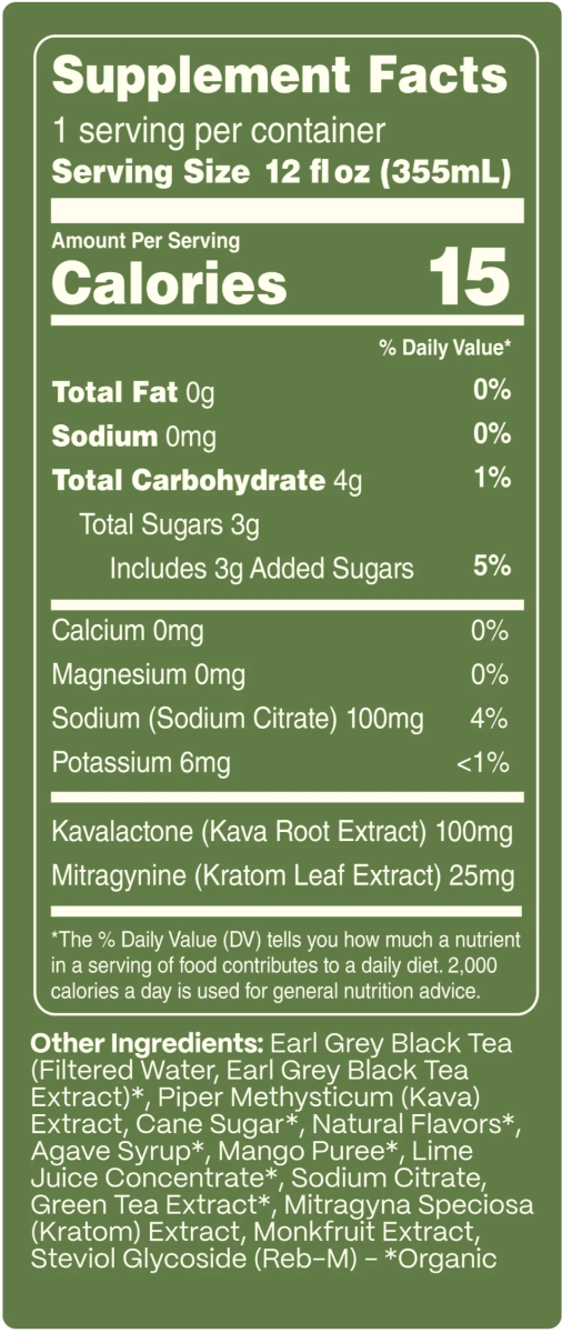 Supplement Facts label for New Brew Mango Euphoric Seltzer showing 15 calories per 12 fl oz can, with 25mg Mitragynine (kratom) and 100mg Kavalactone (kava), alongside other nutritional and ingredient information.