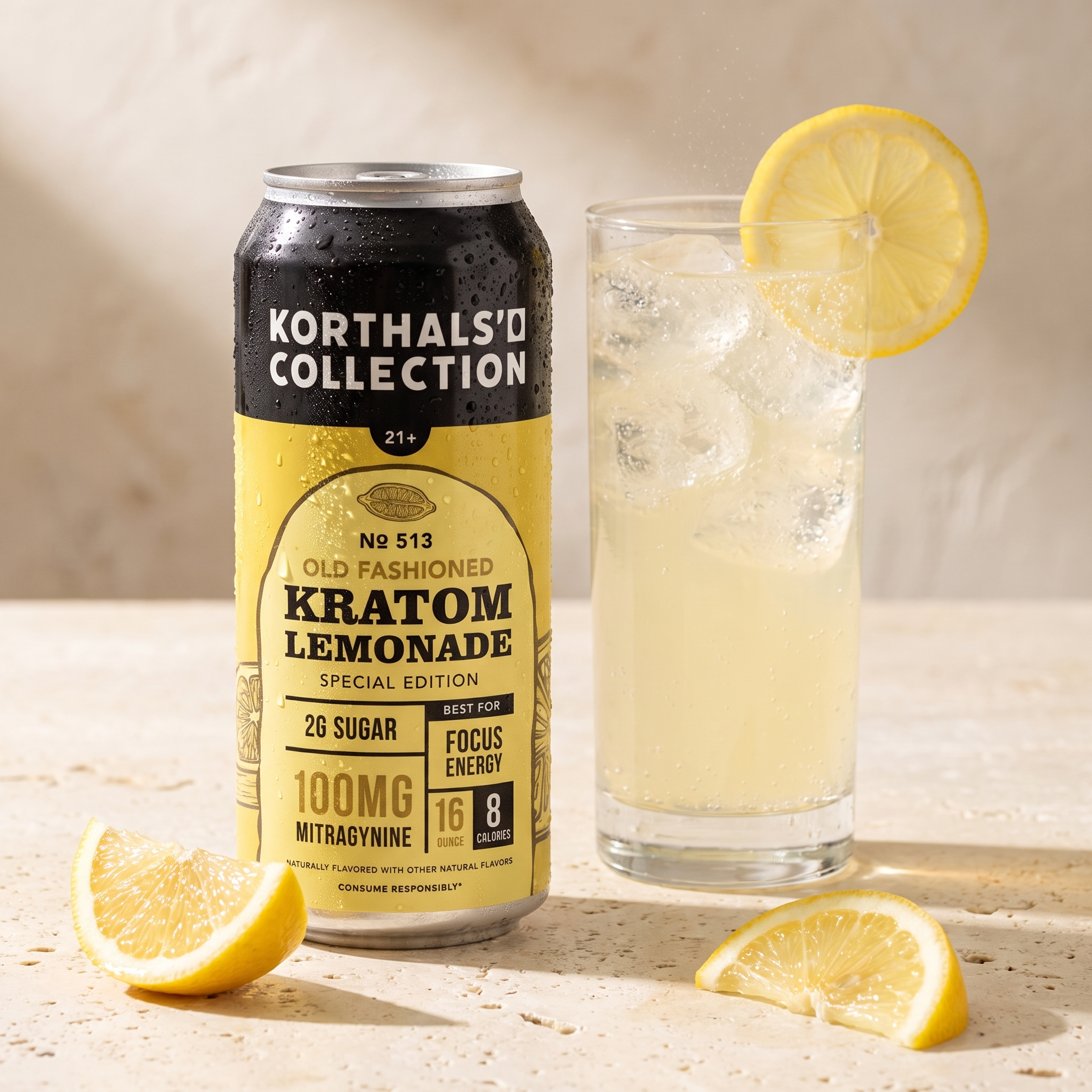 No. 513 Old Fashioned Kratom Lemonade poured over ice in a tall glass with a lemon wheel, beside the can