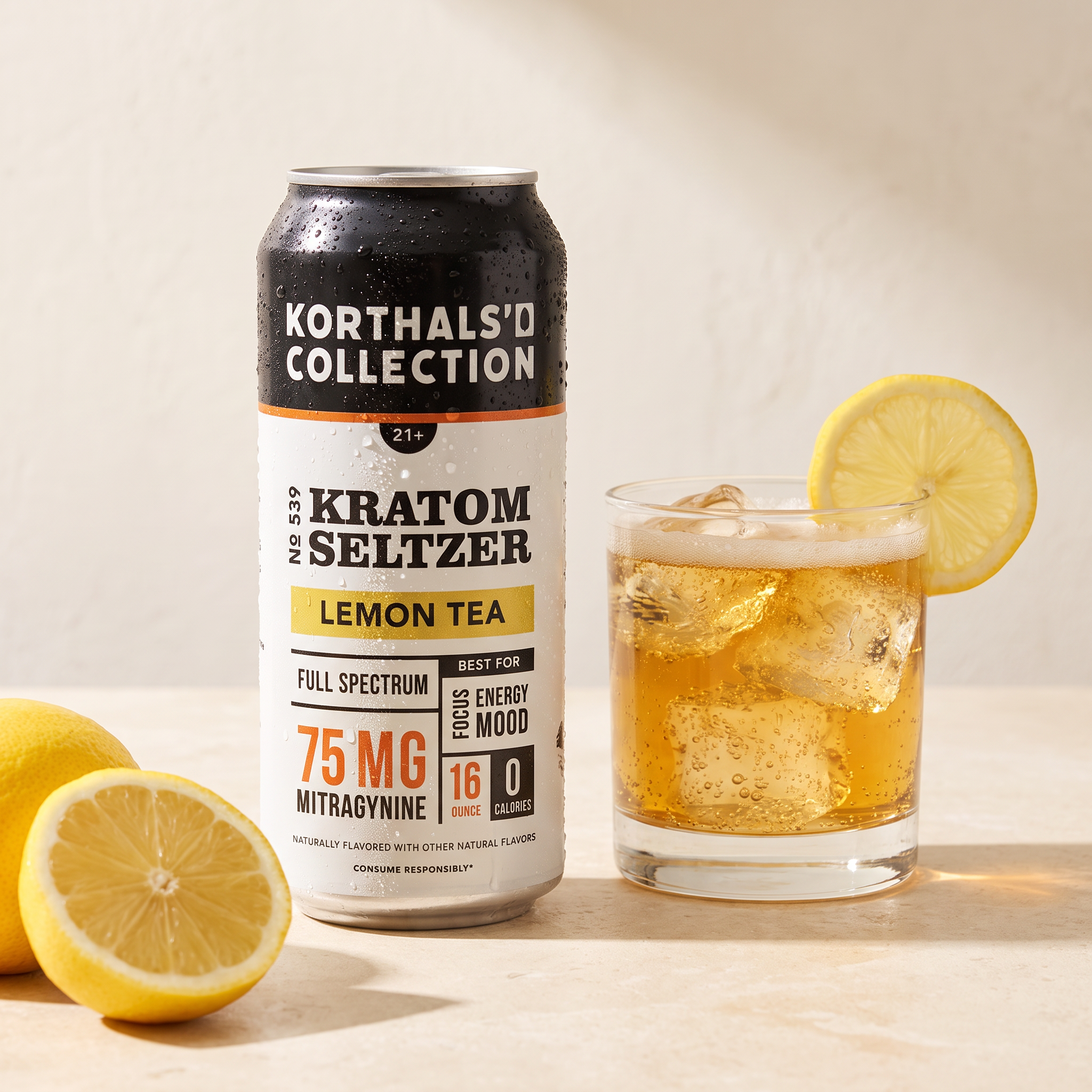 No. 539 Lemon Tea Kratom Seltzer poured over ice in a glass with a lemon wheel, beside the can