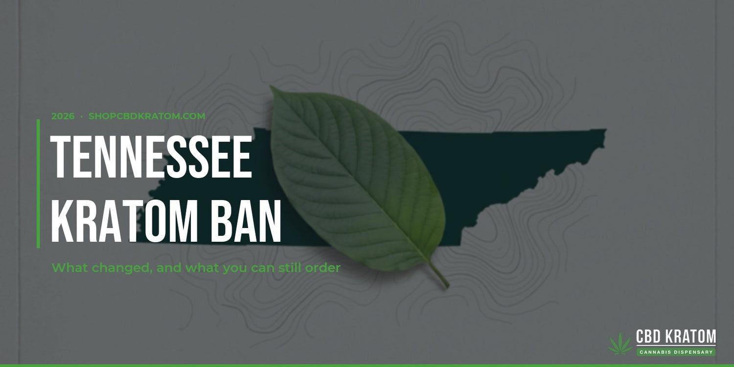 CBD Kratom blog banner reading Tennessee Kratom Ban over a Tennessee silhouette with a kratom leaf