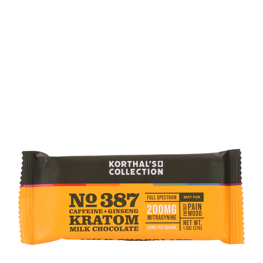 The front packaging of a Korthals' Collection No. 387 Caffeine + Ginseng Kratom Milk Chocolate Bar. The design mirrors the dark chocolate version with a black and orange label, specifying "Milk Chocolate" at the bottom. It highlights a full spectrum formula with 200mg of Mitragynine.
