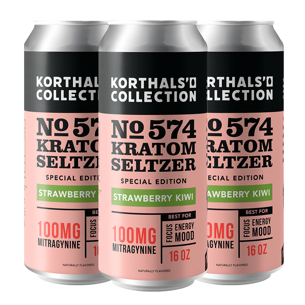 An image of a 4-pack of Korthals' Collection No. 574 Strawberry Kiwi Kratom Seltzer, showing three 16 oz cans arranged closely together. The packaging design is consistent across the cans, featuring a light pink and black label with bold black lettering for "No. 574 Kratom Seltzer" and a green flavor bar. Each can displays "100mg Mitragynine" and "Special Edition."