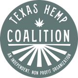 Logo of the Texas Hemp Coalition with a cannabis leaf symbol on a green background