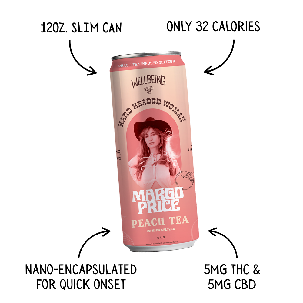 5mg THC + 5mg CBD Peach Tea Seltzer by Margo Price x WellBeing Brewing, 12oz can, only 32 calories, nano-encapsulated for quick onset - Feature List | Shop CBD Kratom