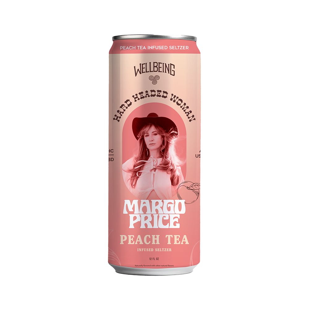 5mg THC + 5mg CBD Peach Tea Seltzer by Margo Price x WellBeing Brewing, 12oz can, only 32 calories, nano-encapsulated for quick onset - Single Can Image | Shop CBD Kratom