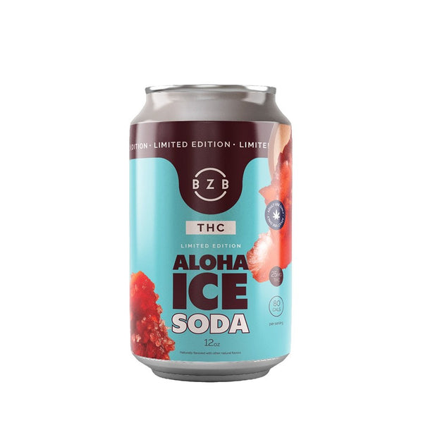 Front view of BZB Aloha Ice THC Soda can with turquoise and berry-colored label, featuring text indicating 25mg Delta-9 THC and tropical flavor branding. Shop CBD Kratom