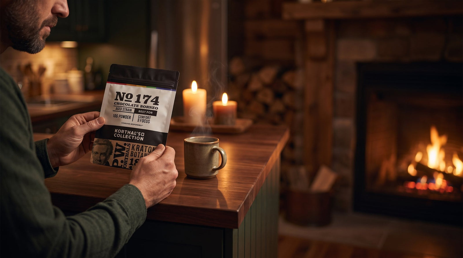 Man holding No 174 Chocolate Borneo kratom powder pouch by a fireside with a warm mug