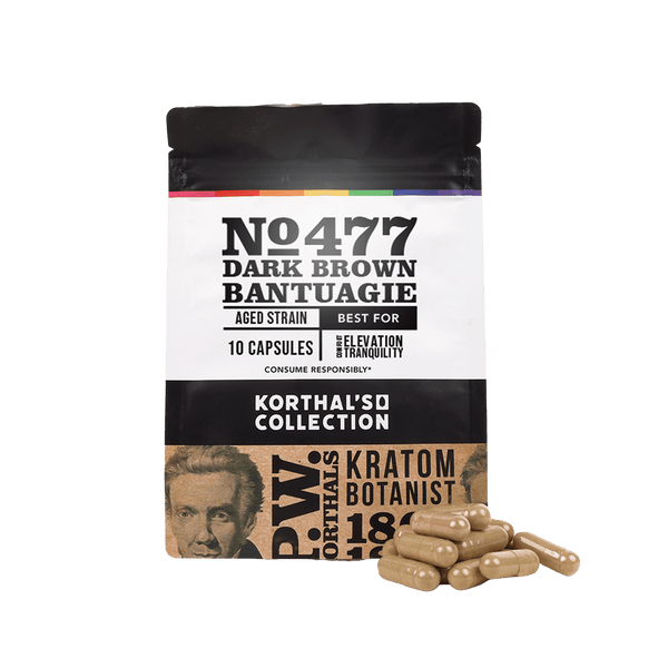 No. 477 Dark Brown Bantuagie Kratom Capsules bottle from CBD Kratom