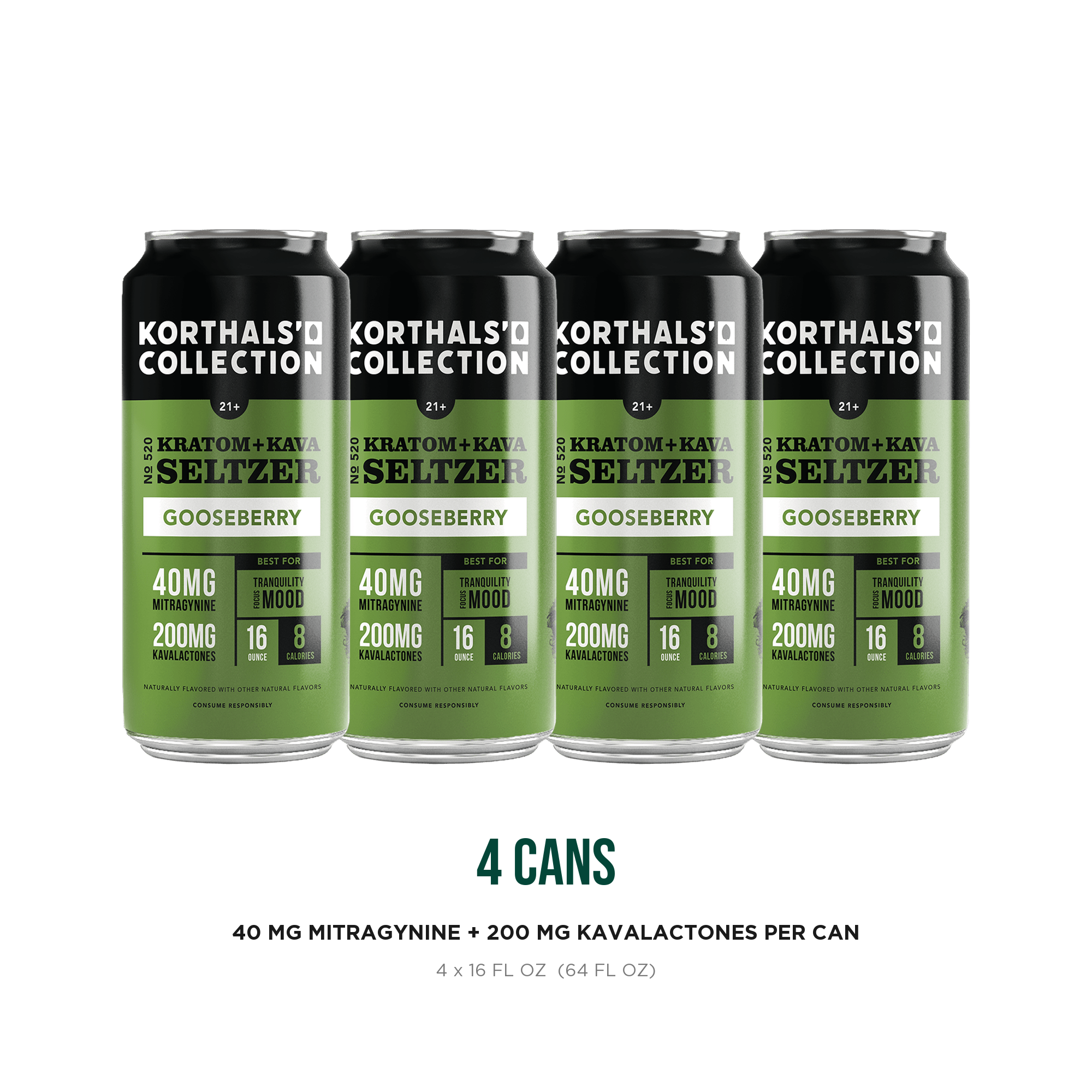 Four cans of Korthals' Collection No. 520 Gooseberry Kratom Kava Seltzer, 40 mg mitragynine and 200 mg kavalactones per 16 oz can