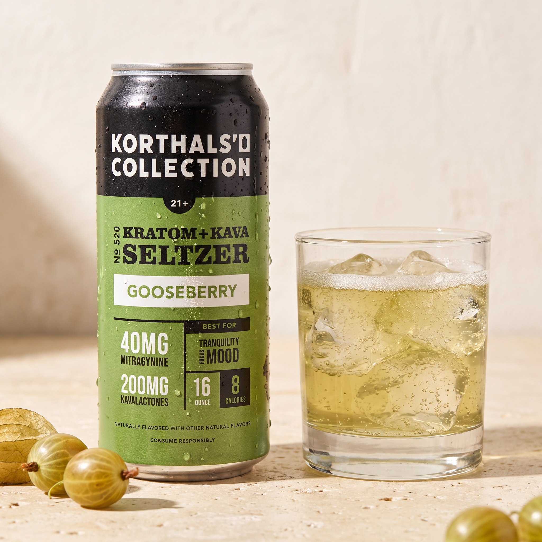 No. 520 Gooseberry Kratom Kava Seltzer poured over ice in a glass, with fresh gooseberries beside the can