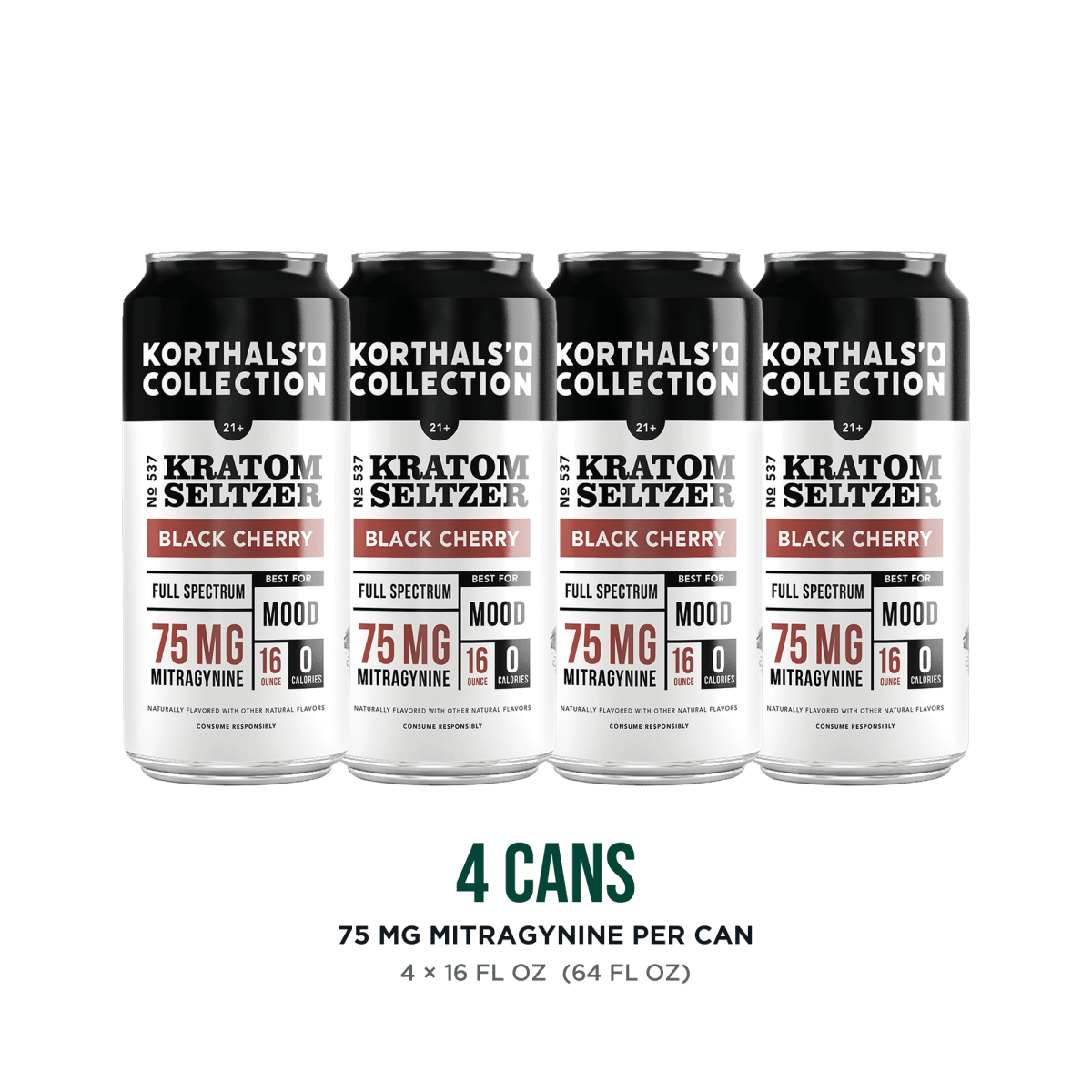 Four cans of Korthals' Collection No. 537 Black Cherry Kratom Seltzer, 75 mg mitragynine per 16 oz can