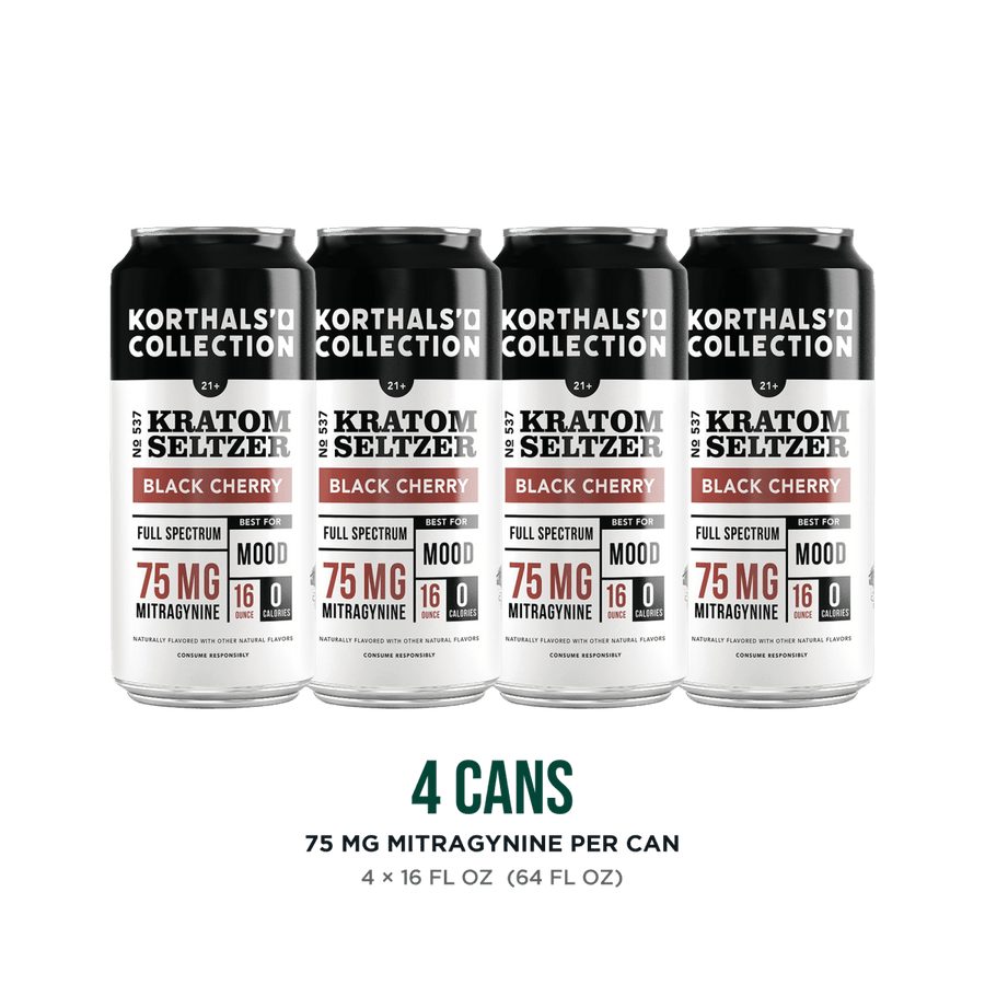 Four cans of Korthals' Collection No. 537 Black Cherry Kratom Seltzer, 75 mg mitragynine per 16 oz can
