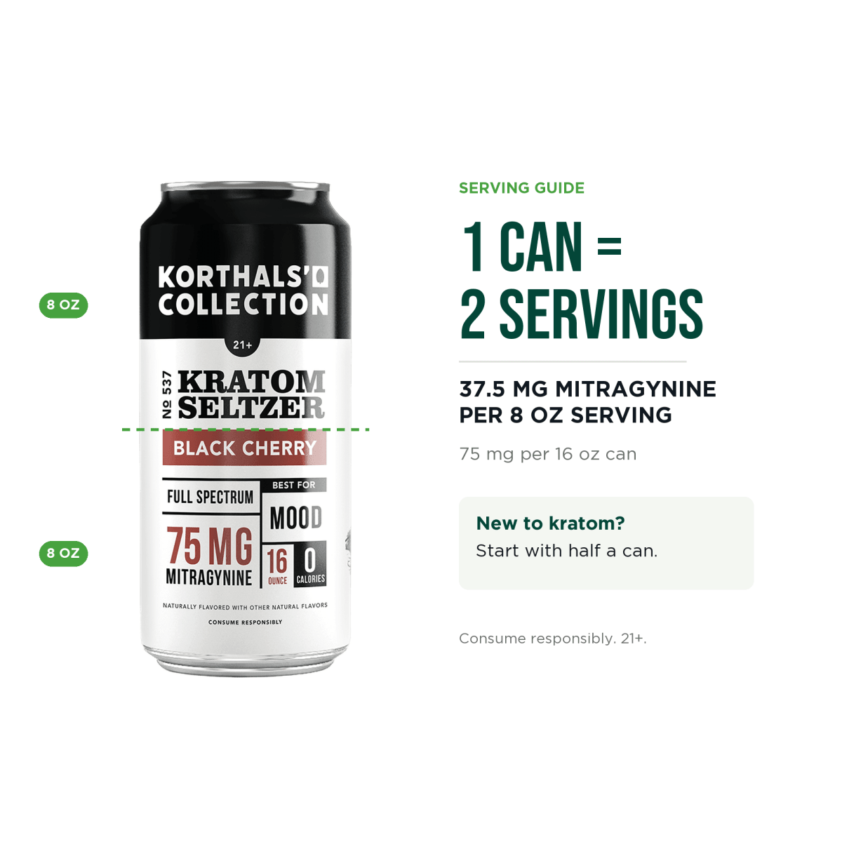 Serving guide: one 16 oz can of No. 537 Black Cherry is two 8 oz servings at 37.5 mg mitragynine each. New to kratom, start with half a can.