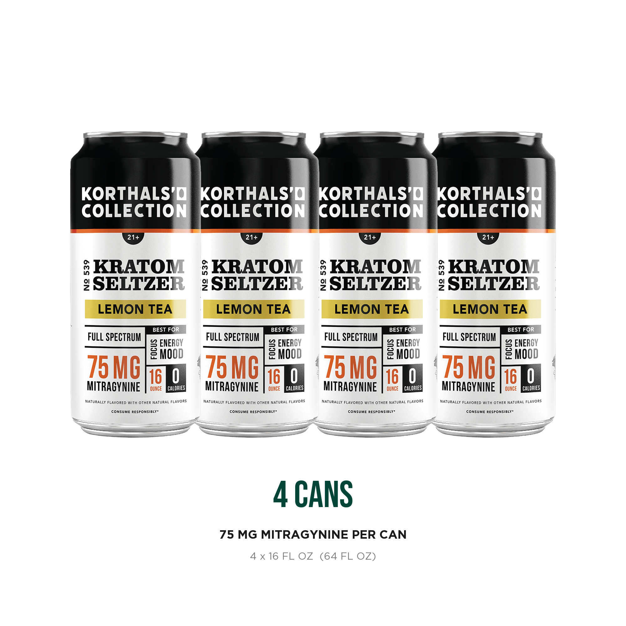 Four cans of Korthals' Collection No. 539 Lemon Tea Kratom Seltzer, 75 mg mitragynine per 16 oz can