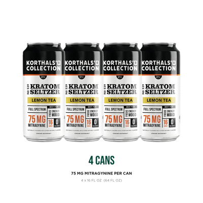 Four cans of Korthals' Collection No. 539 Lemon Tea Kratom Seltzer, 75 mg mitragynine per 16 oz can