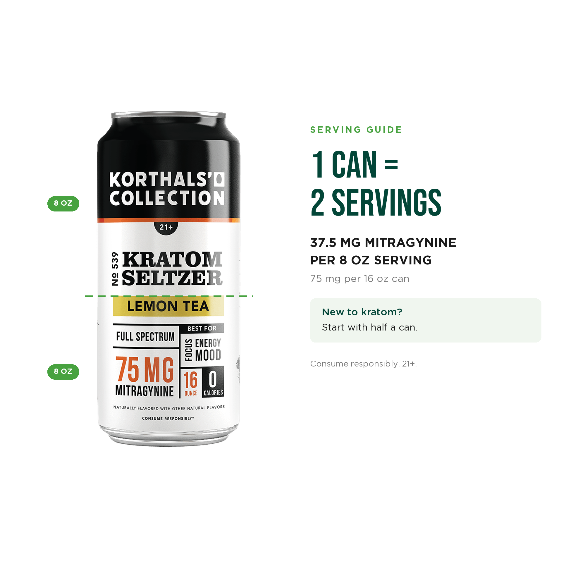 Serving guide: one 16 oz can of No. 539 Lemon Tea is two 8 oz servings at 37.5 mg mitragynine each. New to kratom, start with half a can.