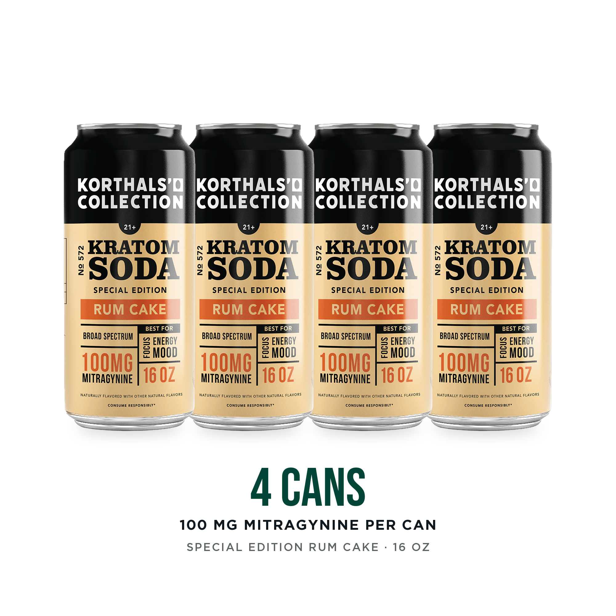 Four cans of Korthals' Collection No. 572 Rum Cake Kratom Soda, special edition, 100 mg mitragynine per 16 oz can