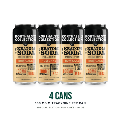 Four cans of Korthals' Collection No. 572 Rum Cake Kratom Soda, special edition, 100 mg mitragynine per 16 oz can