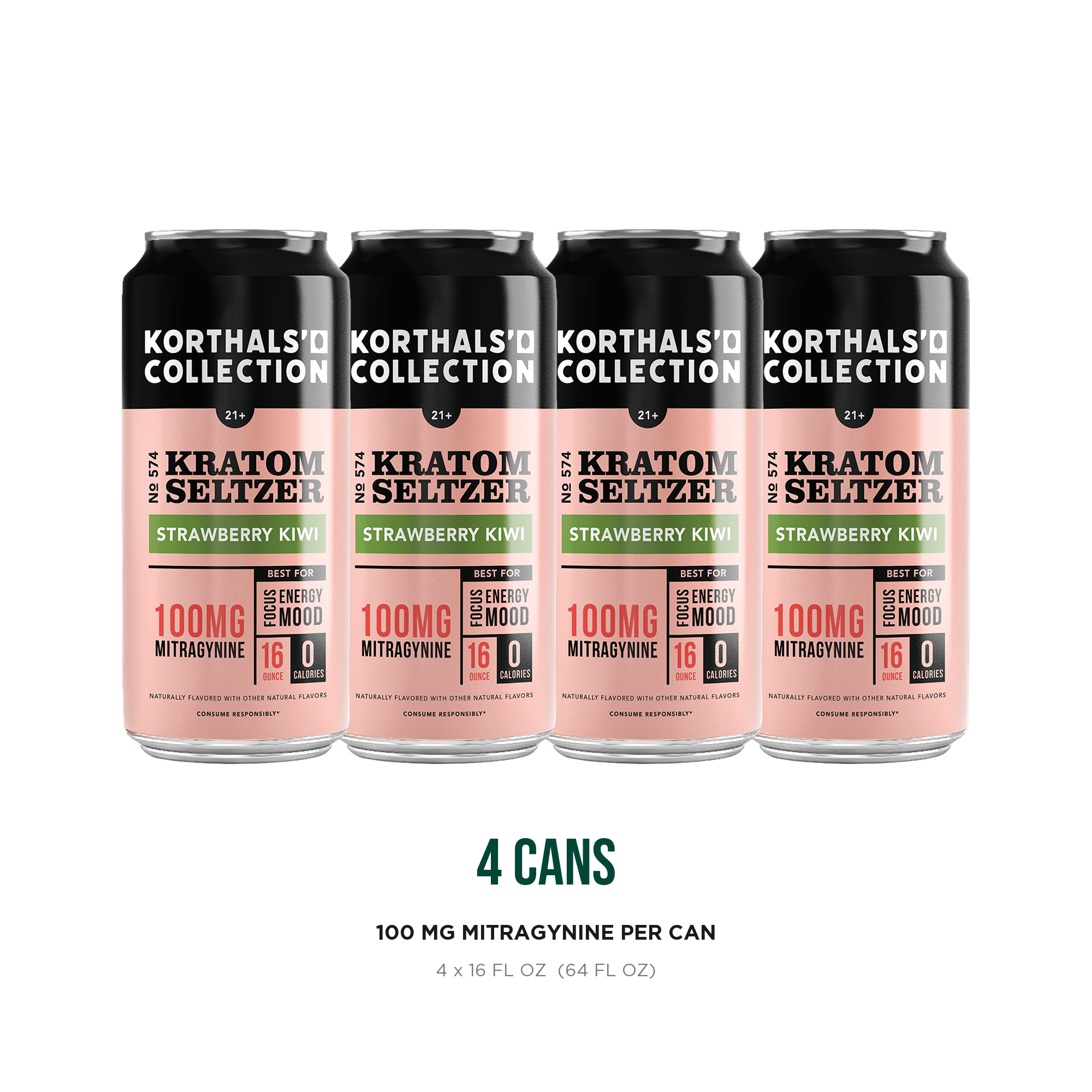 Four cans of Korthals' Collection No. 574 Strawberry Kiwi Kratom Seltzer, 100 mg mitragynine per 16 oz can